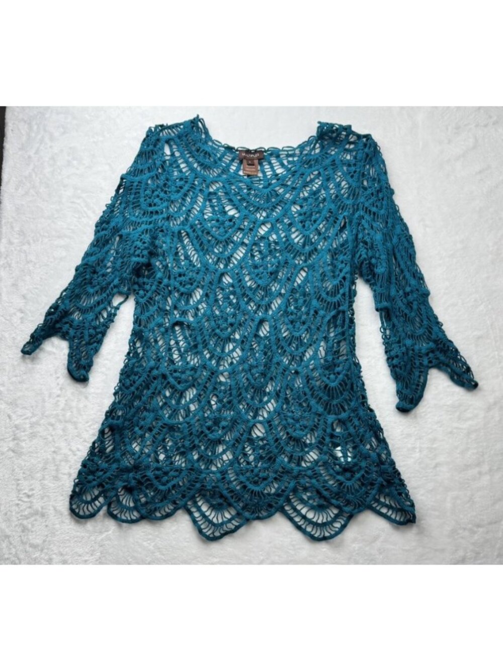 Multiples Size L Womens Blue Green Open Weave Tunic Top 3/4 Sleeve Scallop Edge
